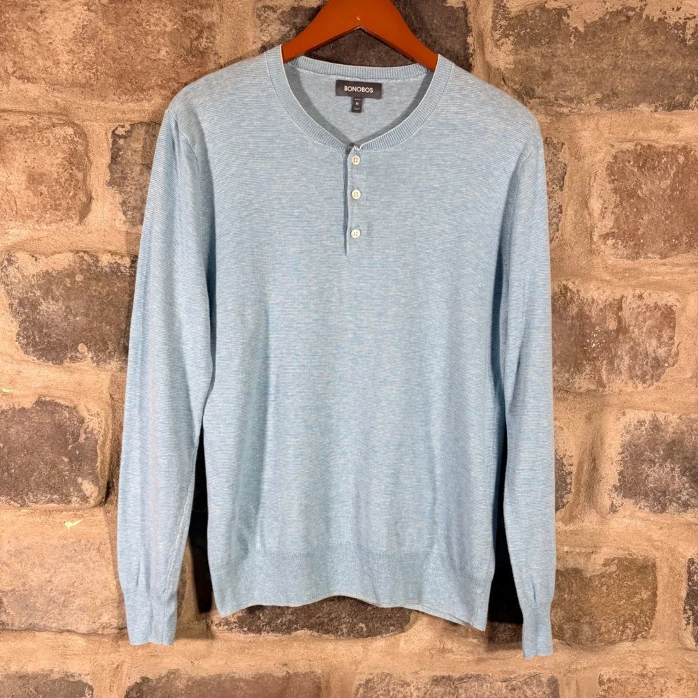 Bonobos Men's Slim Fit Cotton Linen Henley Sweater Light Blue Medium Lightweight